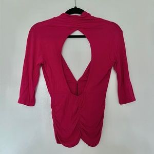 Y2K Hot Pink Fuchsia Body Con Cut Out Plunge Neckline Ruched Shirt